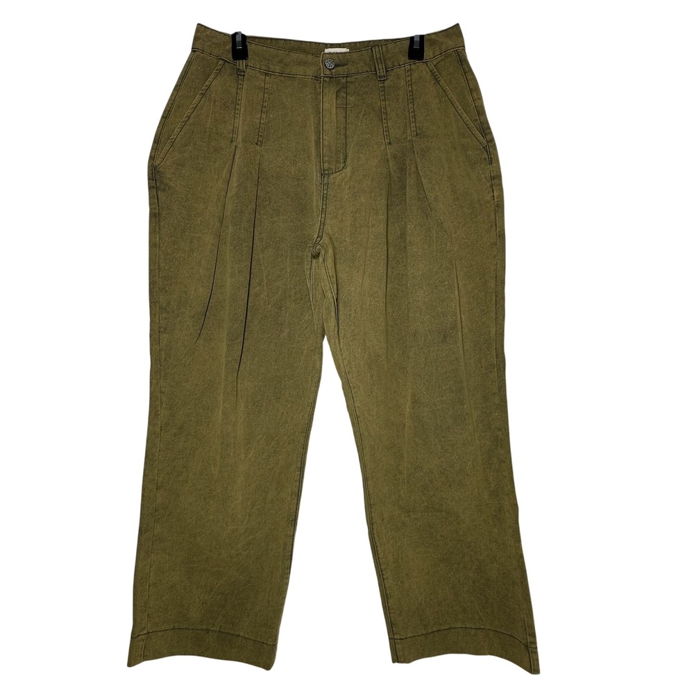 POL‎ Olive Green Acid Wash High Rise Wide Leg Cotton Pleated Pants Size L YKP98